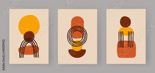 Abstract trio of geometric boho figures. Minimalistic balls and sketch an arch. Fashionable primitivism in terracotta and yellow style. Vintage sculptures on shabby posters. Vector flat template