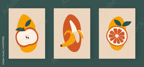 Abstract halves of fruits. Minimalistic apple with leaves. Yellow banana half peeled. Ripe slice of vintage orange. Summer card trio for posters and natural eco advertising. Vector flat template
