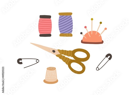 Set of sewing accessories. Thread spools, pad with pins, scissors and thimble. Tailor's supplies for needlework. Flat vector illustration of items for handicraft isolated on white background