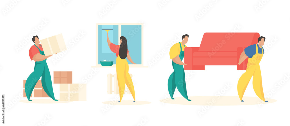 Moving things new home. Uniformed male characters carry sofa and packed crates. Woman washes window from repair dust. Preparing for housewarming party. Vector flat illustration set