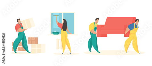 Moving things new home. Uniformed male characters carry sofa and packed crates. Woman washes window from repair dust. Preparing for housewarming party. Vector flat illustration set