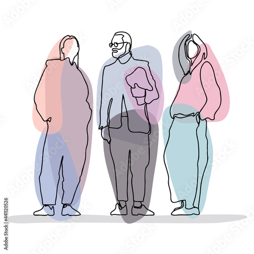 A hand-drawn vector illustration of a group of people. Continuous linear drawing of a crowd of people.