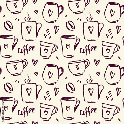 Vector seamless pattern with cups and coffee. Hand drawn graphic.