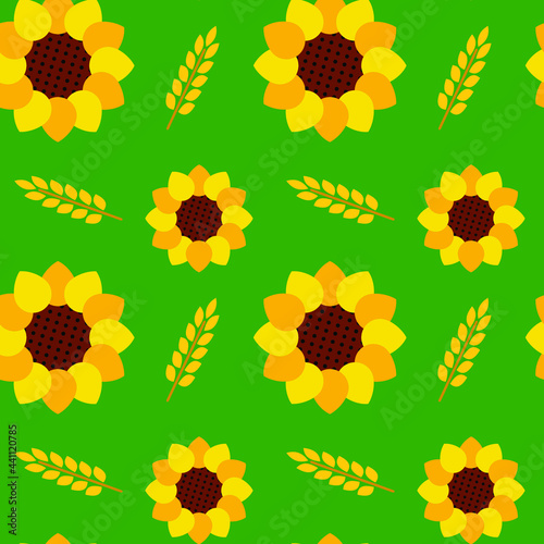 Sunflower and wheat on a green background, texture for design, seamless pattern, vector illustration