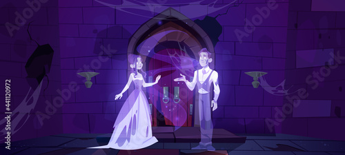 Ghosts in medieval dungeon or night old castle interior. Dead couple lady and gentleman dance in darkness. Scary room with cracked walls and spiderweb, halloween scene, Cartoon vector illustration