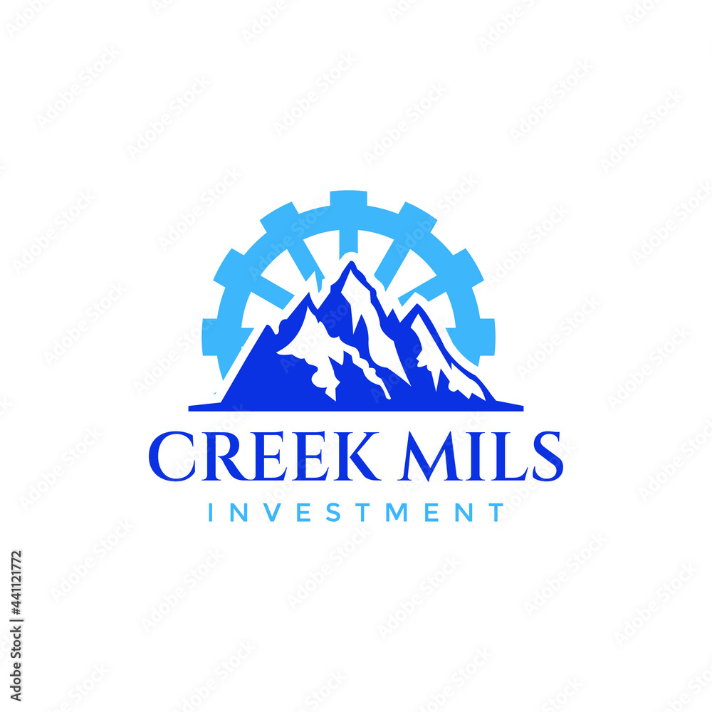 Mountain Forest with Gear Cog, River Creek Water Mill Wheel logo design 