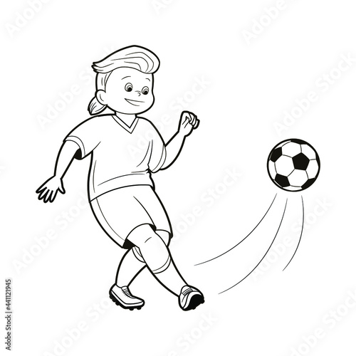 coloring page: young soccer player kicks a soccer ball.Vector illustration in cartoon style, black and white line art on a sport theme