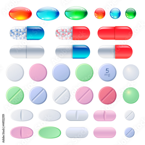 Pills, tablets and medicine drugs, colorful capsules with granulated filler. Oval and round medicament painkillers, antibiotics, vitamins, amino acid, mineral, bio active additives, Cartoon vector set
