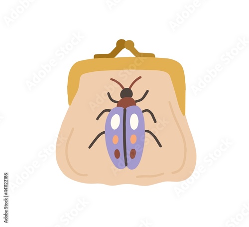 Embroidery art on women vintage purse with metal clasp. Trendy fashion fancywork on small bag. Handmade decoration on retro handbag. Colored flat vector illustration isolated on white background