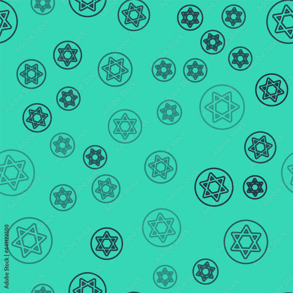 Black line Star of David icon isolated seamless pattern on green background. Jewish religion symbol. Symbol of Israel. Vector