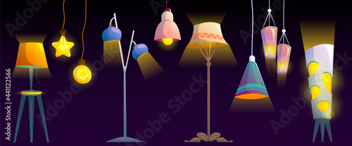 Lamps, ceiling and floor glowing electric bulbs, incandescent modern lightbulbs, torchere of different shapes and design. Light equipment isolated on black background. Cartoon vector illustration, set