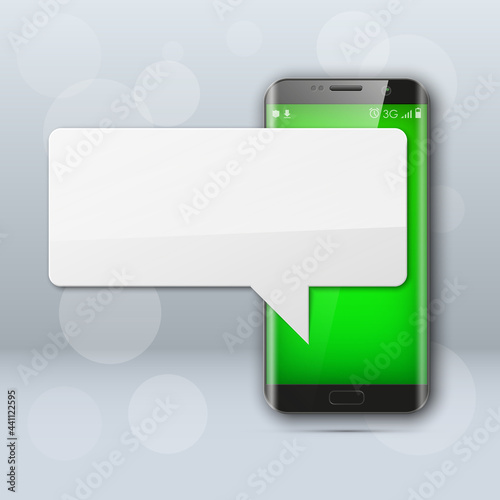 New model Mobile phone with platform for communication. Cell mobile short message. Smartphone blank colloquial cloud banner. Cellular empty advertising poster.