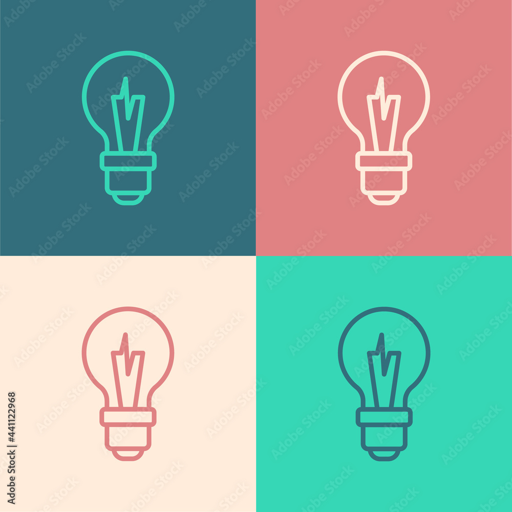 Pop art line Light bulb with concept of idea icon isolated on color background. Energy and idea symbol. Inspiration concept. Vector Pop art line Light bulb with concept of idea icon isolated on color background. Energy and idea symbol. Inspiration concept. Vector