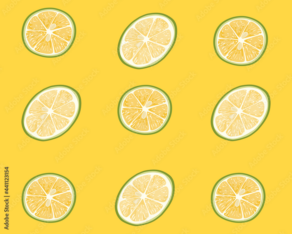 Seamless pattern of sliced lemon on yellow background. Food and drink decoration. Close up lime vector on white. Realistic food ingredient vector drawing. Seamless pattern of sliced lemon on yellow background. Food and drink decoration. Close up lime vector on white. Realistic food ingredient vector drawing.