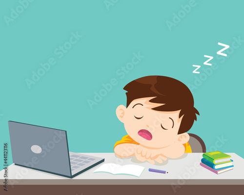 child bored of studying sleeps in front of the laptop