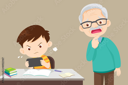 Grandfather in trouble with a child playing games without doing homework