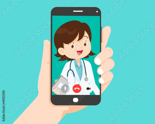 hand hold smartphone video call with smart doctor woman