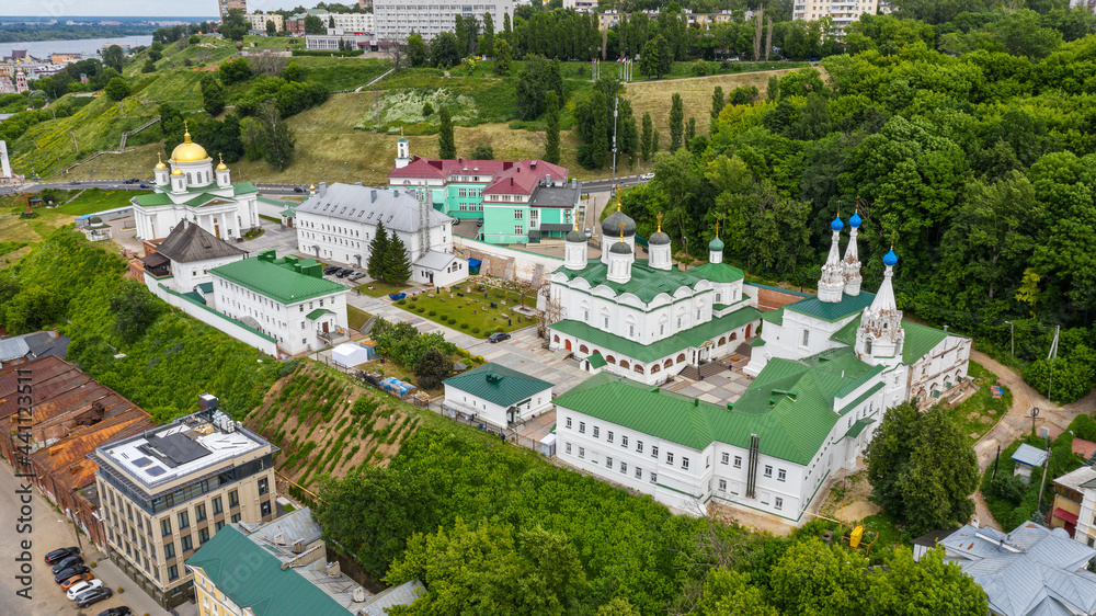 Nizhny Novgorod. View of the Gate Church of St. Andrew the First-Called and the Annunciation Monastery. Aerial view.