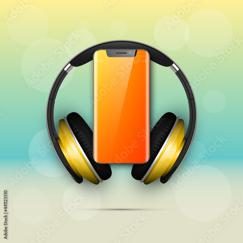 Image headphones on smartphone latest model background. Device for listening music on phone latest model background. Color stereo headphone for listening audio from phone. Banner earphones music party
