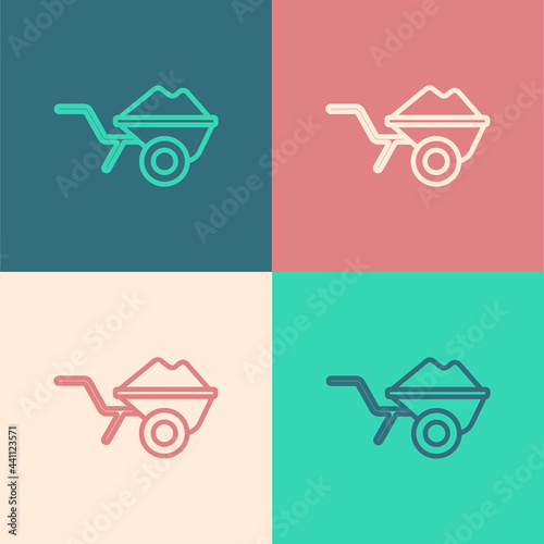 Pop art line Wheelbarrow with dirt icon isolated on color background. Tool equipment. Agriculture cart wheel farm. Vector