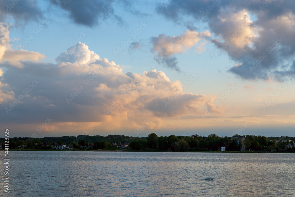 Landscape, sunset, evening summer old town near lake, old houses.Urban nice shot. Landscape, sunset, evening summer old town near lake, old houses.Urban nice shot.