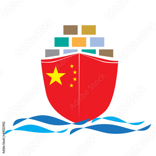 Concept design cargo ship with China flag. Commercial vessel containers freight import and export maritime logistic. Vector illustration design
