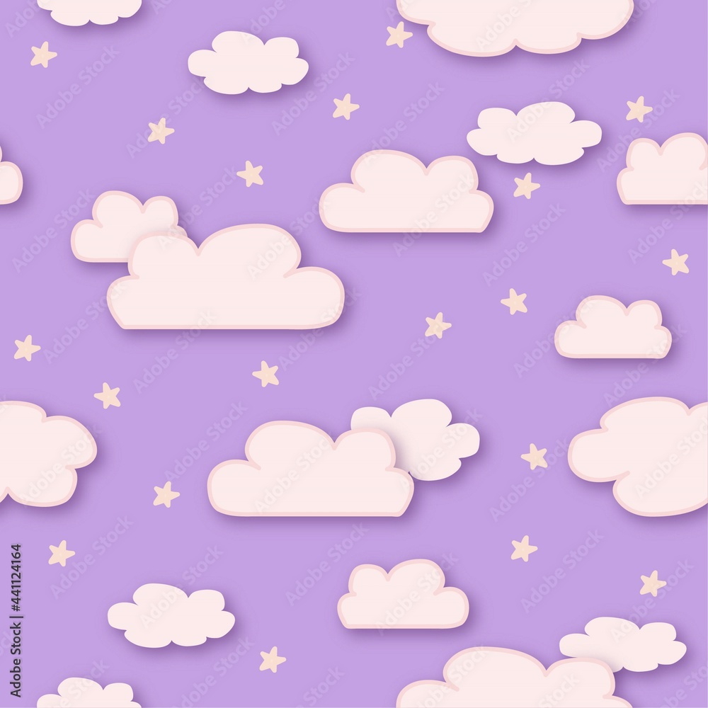 seamless background with clouds and stars, purple and pink colors, clouds pattern