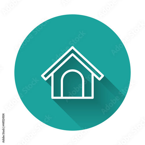 White line Dog house icon isolated with long shadow background. Dog kennel. Green circle button. Vector