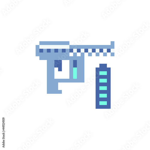 Blaster icon. Sticker design. Pixel art style. Isolated vector illustration.