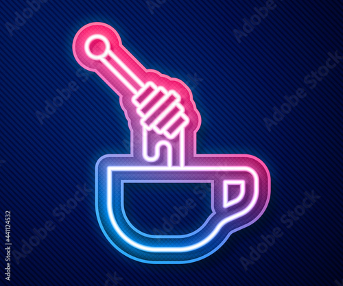 Glowing neon line Honey dipper stick with dripping honey icon isolated on blue background. Honey ladle. Vector