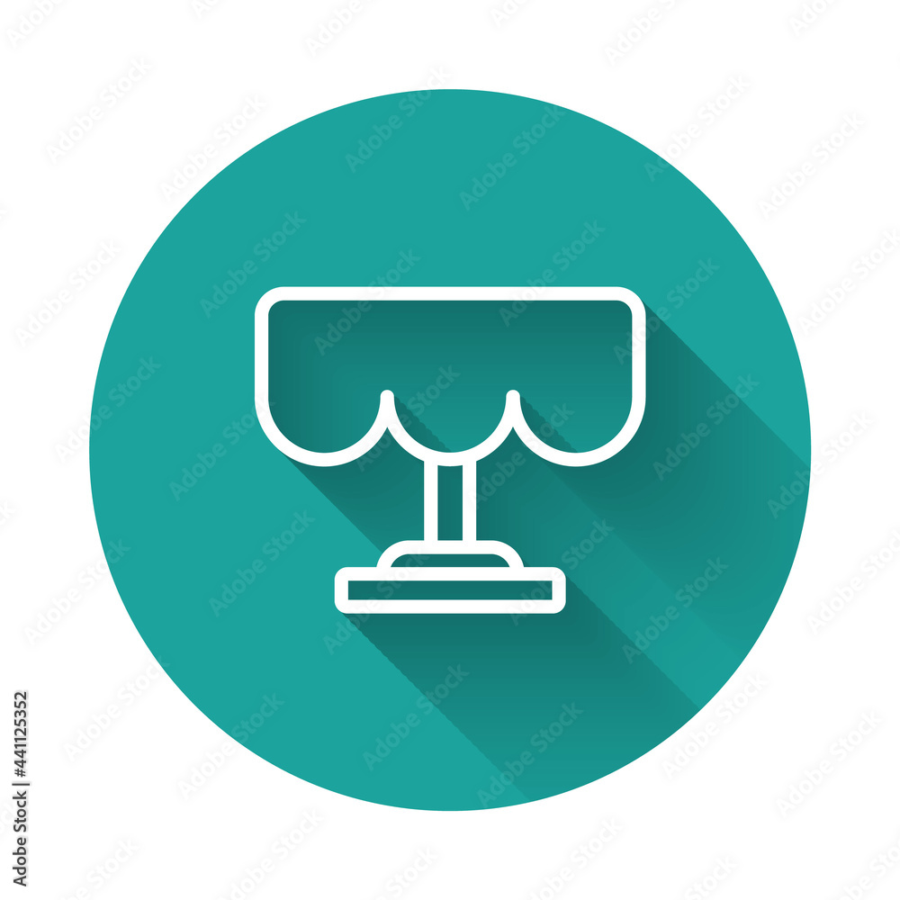 White line Wooden table icon isolated with long shadow background. Street cafe. Green circle button. Vector White line Wooden table icon isolated with long shadow background. Street cafe. Green circle button. Vector