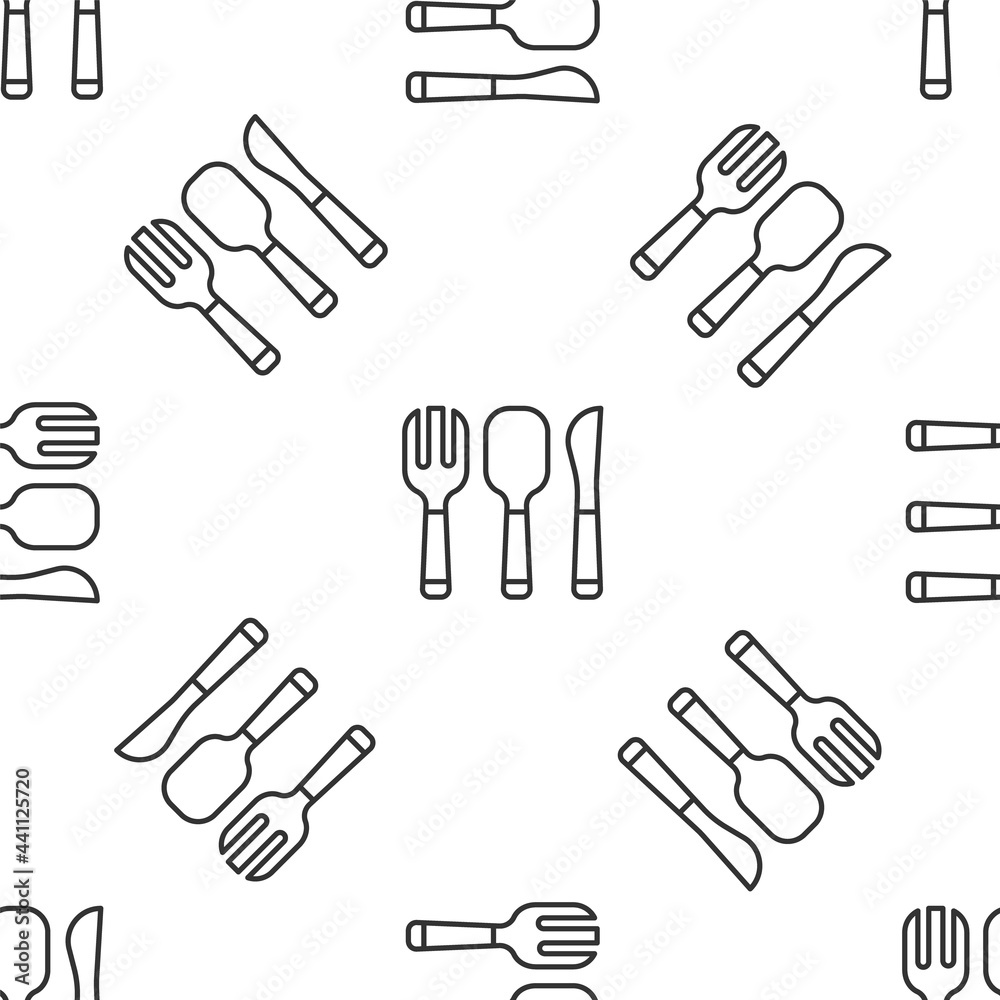Grey line Fork, spoon and knife icon isolated seamless pattern on white background. Cooking utensil. Cutlery sign. Vector