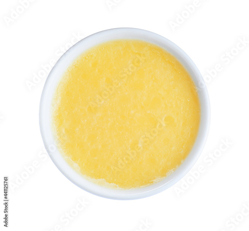 Bowl of Ghee butter isolated on white, top view