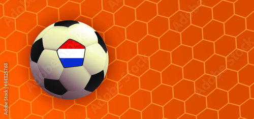 Ball in goal with the flag of the Netherlands. Soccer ball or football net. Vector, orange background banner. Holland or Dutch orange supporters. Goal net. Sport finale wk, ek game. 2020, 2021, 2022