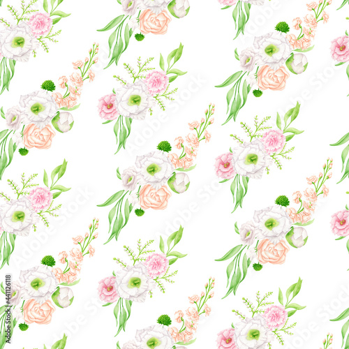 Watercolor floral seamless pattern. Hand drawn elegant bouquets isolated on white. Blush flowers and greenery repeated background. Botanical print for wallpaper, wrapping, scrapbook, fabrics, fashion. © Olya Haifisch