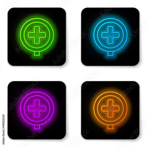 Glowing neon line Hospital road traffic icon isolated on white background. Traffic rules and safe driving. Black square button. Vector