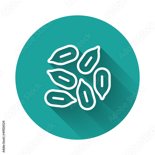 White line Seeds of a specific plant icon isolated with long shadow background. Green circle button. Vector