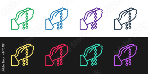 Set line Hands in praying position with rosary icon isolated on black and white background. Praying hand islam muslim religion spirituality religious. Vector