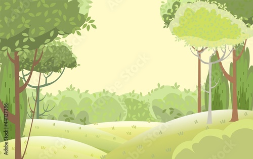 Rural beautiful landscape. Cartoon style. Hills with grass and forest trees. Lush meadows. Cool romantic beauty. Flat design illustration. Vector art © Ирина Мордвинкина