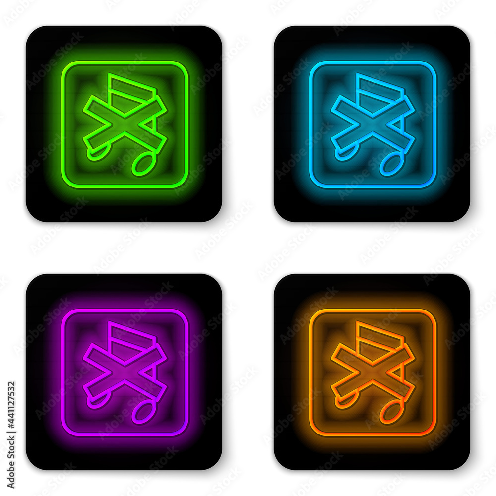 Fototapeta premium Glowing neon line Speaker mute icon isolated on white background. No sound icon. Volume Off symbol. Black square button. Vector