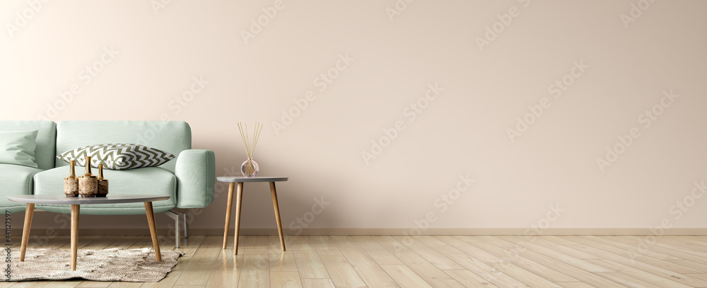 Modern interior design of living room. Green sofa, and wooden coffee tables over beige wall with copy space. Panorama. 3d rendering - obrazy, fototapety, plakaty 