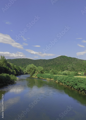Stylish travel wallpaper. Slovenia. Green and river. Nature aesthetics