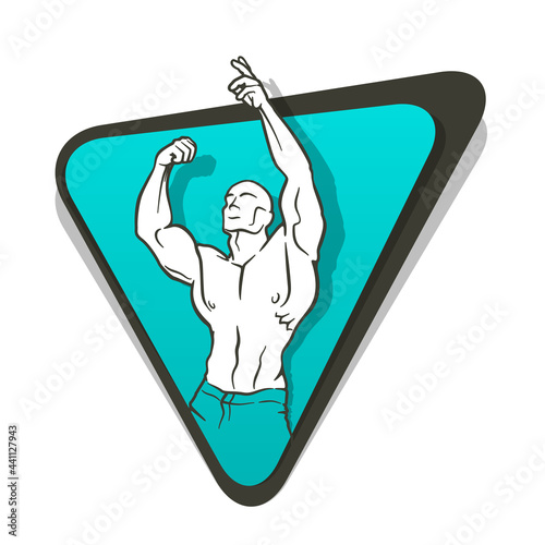 Muscle man silhouette on triangle color banner. Lifting weights background, fitness gym icon. Bodybuilder on color background badge banner