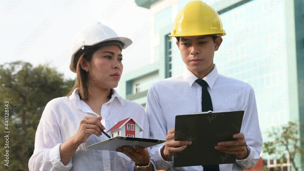 Two people business team talking discussion real estate project Two people business team talking discussion real estate project