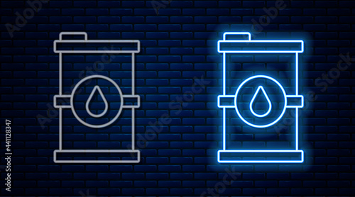 Glowing neon line Bio fuel barrel icon isolated on brick wall background. Eco bio and canister. Green environment and recycle. Vector