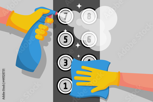 Cleaner disinfects lift buttons. Hygiene public space. Spraying antibacterial sanitizing spray.  Pollution prevention. Spray detergent. Napkin in hands. Protective rubber gloves. Vector flat design