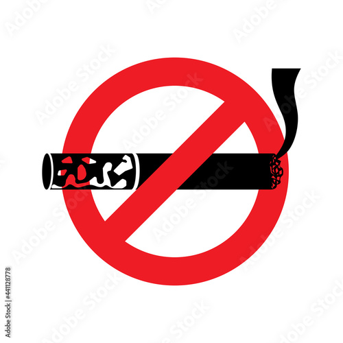 Do not smoke. Red sign prohibiting smoking cigarettes. Black silhouette of a cigarette with smoke. Restriction in a public place. Vector illustration flat design. Isolated on white background.
