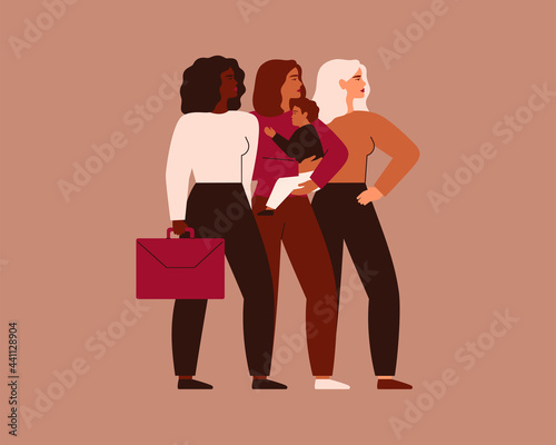 Confident Working Mothers stand together. Strong businesswomen with babies support each other. Maternity and career concept. Equality and diversity in the workplace. Vector illustration