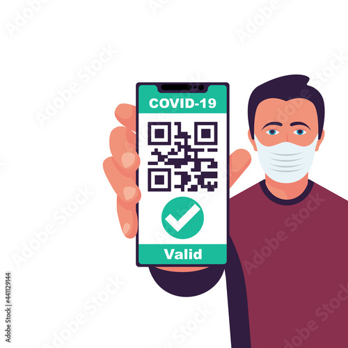 Man in a mask shows phone with digital passport vaccination Covid-19. International Certificate of Vaccination. Valid Certificate. Vector illustration flat design. QR code on screen on smartphone.