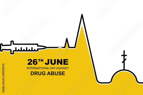 International day against drug abuse. June 26 landing page against drug use and distribution. Minimal black line design, syringe goes to death. Vector illustration flat design. Problem addiction.
